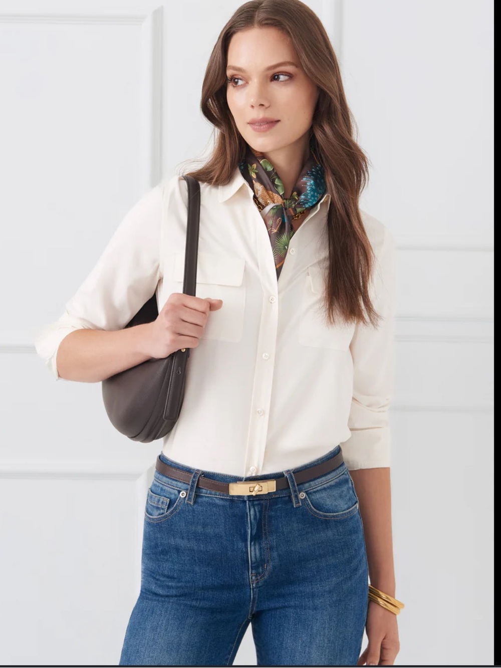 J. McLaughlin Egret White Silk Shirt with Chest Pockets